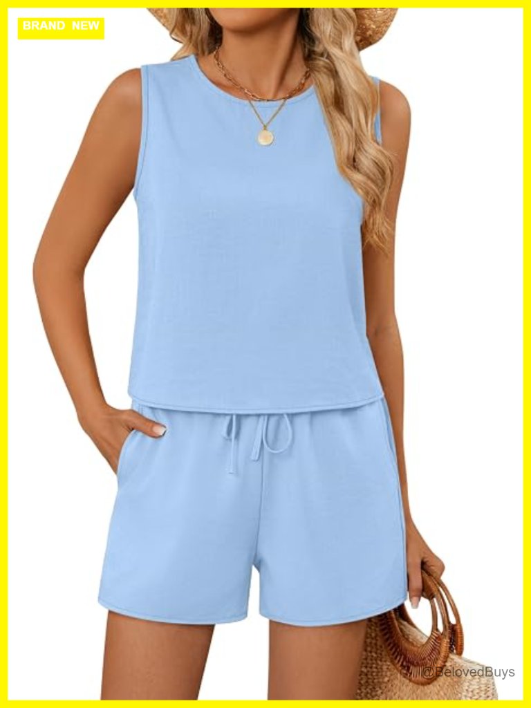 Cotton Linen 2 Piece Outfits Sleeveless Crop Top Tank Drawstring Shorts With